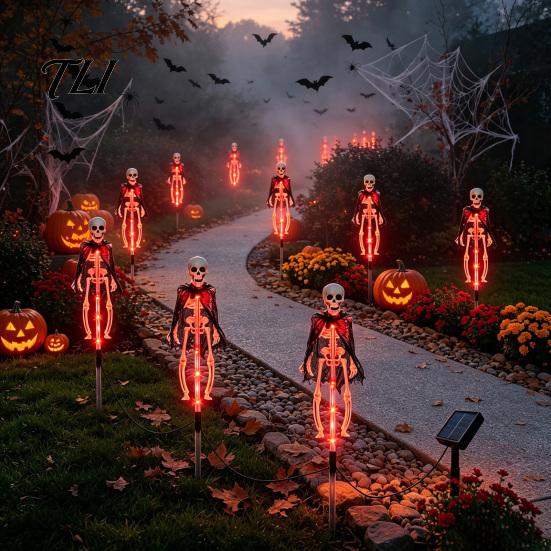 Automatic Solar Skeleton Lights Yard Stake Light, Halloween Glowing Skull Garden Decor Outdoor with Cloak, Waterproof Lawn Lamp for Haunted
