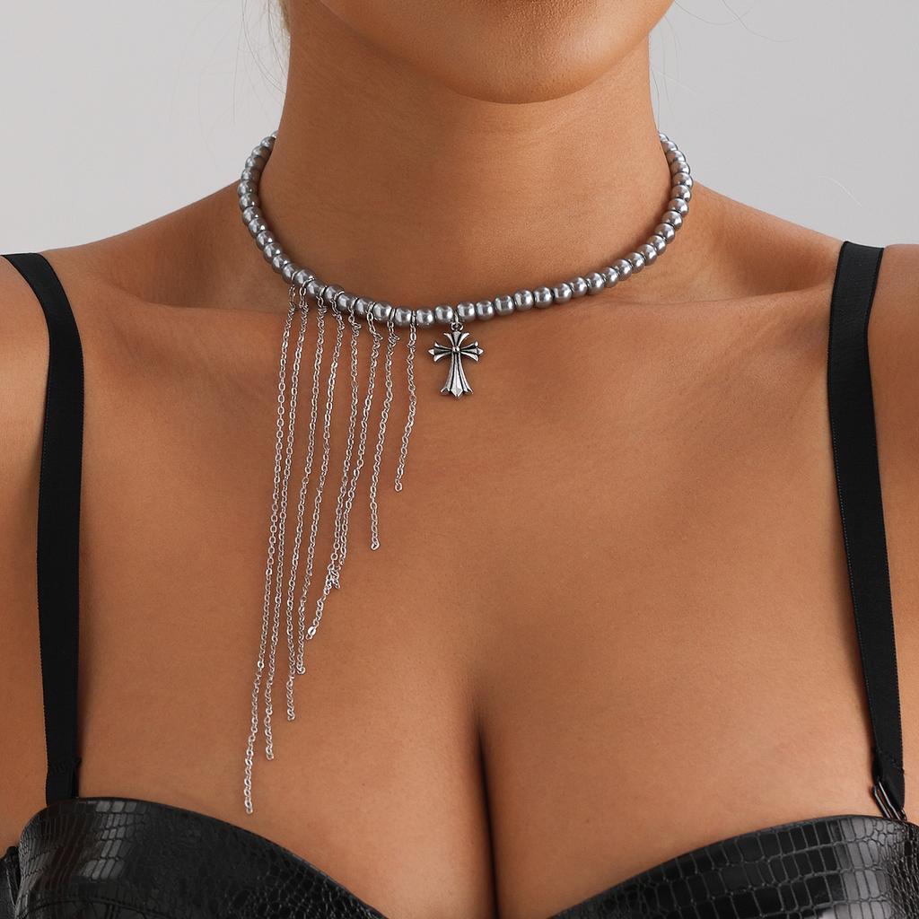 Аксессуары Многоцветный крест с бахромой Премиум стеклянные бусины ручной работы Ключичная цепочка Сладкий прохладный ветер Ожерелье