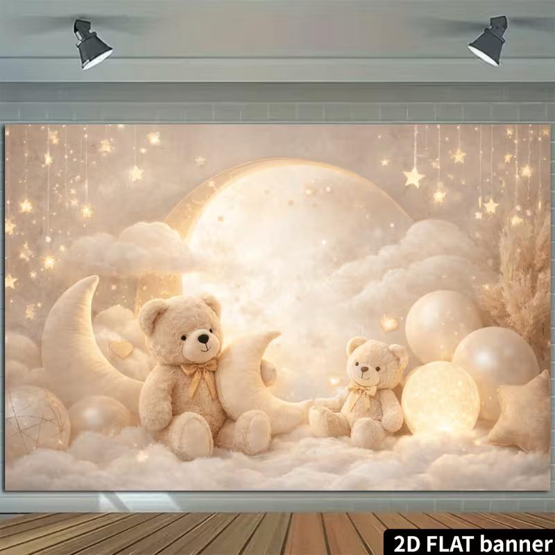 2D Flat 2D FLAT Баннер Бежевый Плюшевый Мишка Луна Фон со Звездами Детская Вечеринка Фон