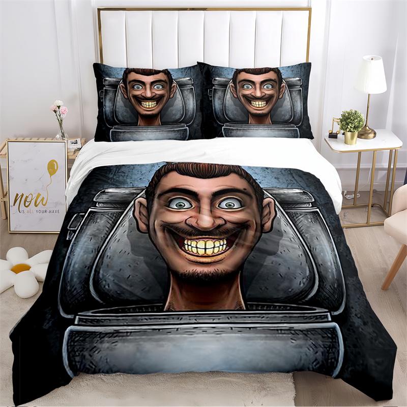 Red Robot Speaker Head Print Bedding Set, Sci-Fi Cartoon Character Bed Linen(1 * duvet cover + 2 * pillowcase, without core)