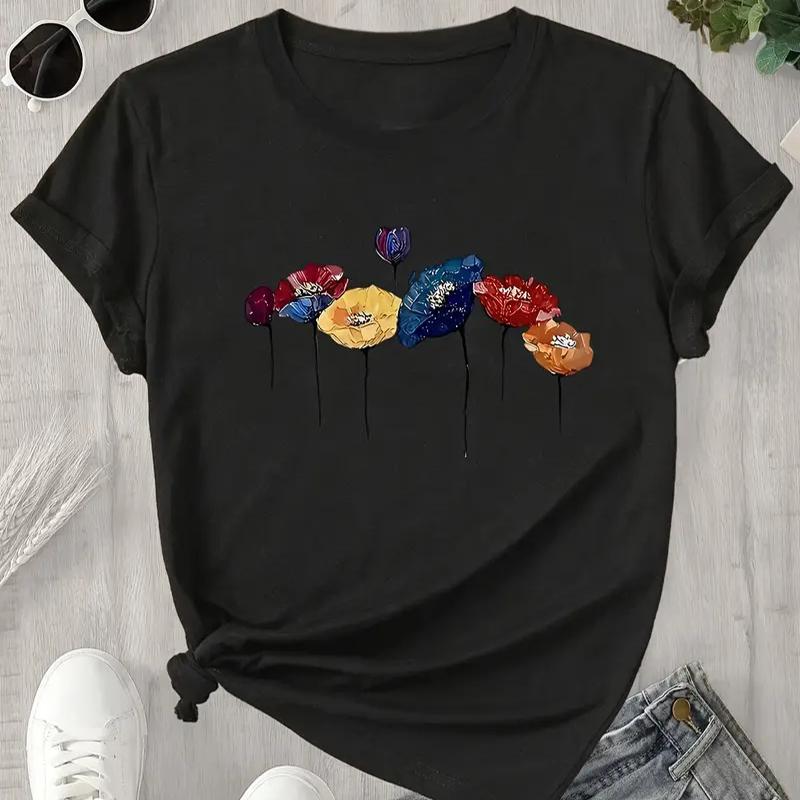 Women Summer T Shirt Retro Fashion Short Sleeve Tees Casual Flower Printed Tops