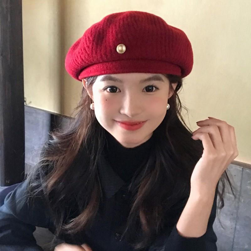 Womens Wool Blend Beret Hat In Red Vintage Style Warm Knit Cap Winter Artist Chic Look