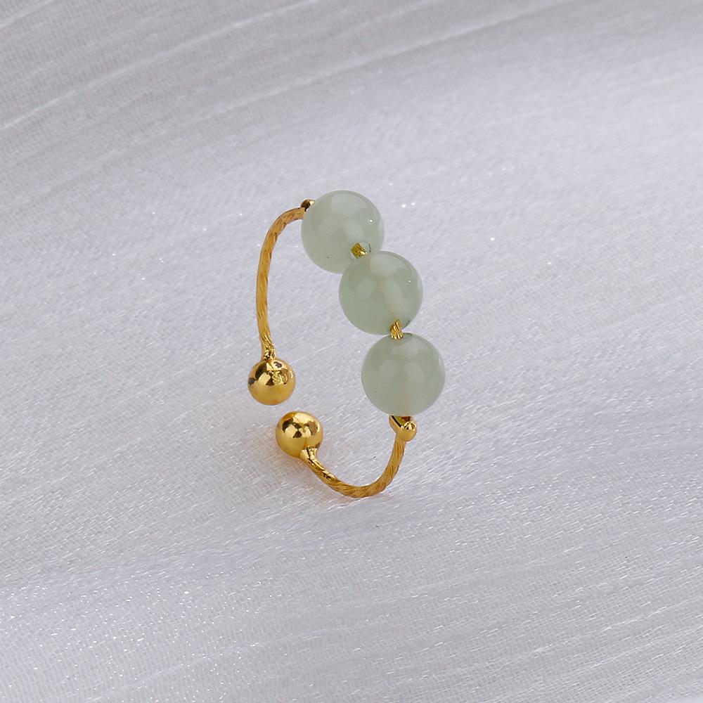 Chinese Jade Round Bead Index Finger Ring Guochao Ethnic Style Retro Gold Three Hetian Jade Ring With Adjustable Opening