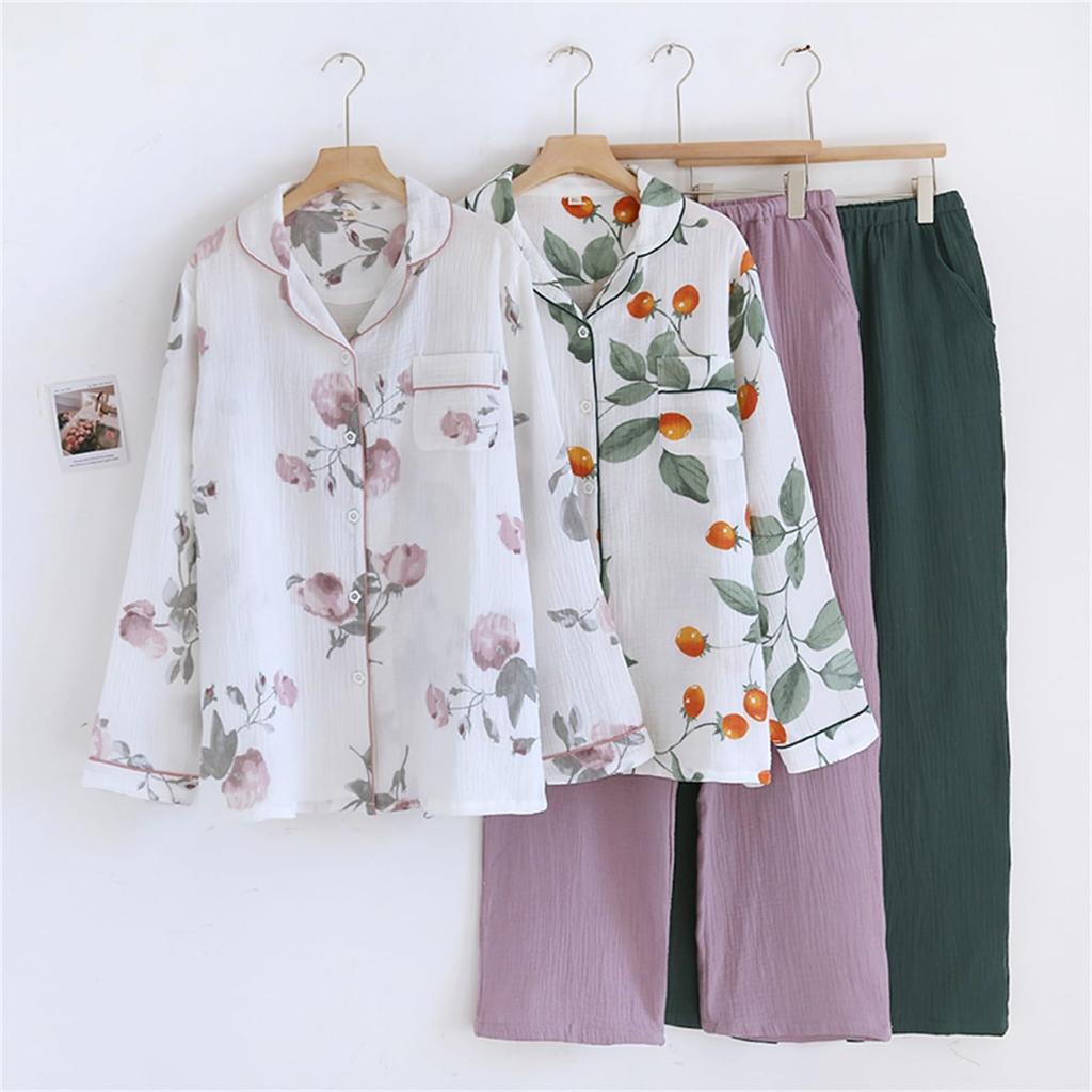 Kyonuza Cotton Loungewear for Spring and Solid Gauze Simple Long Day Size x Purple Women's 100% Pajamas, Open-Front Autumn, Color, Fabric,