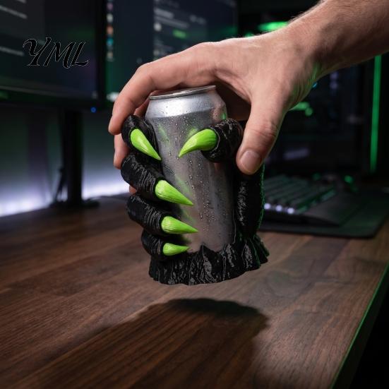 Detailed Claw Sculpture Gothic Drink Holder for 12oz Cans, 3D Printed Monster Beverage Stand with Tabletop Display Halloween Side Handle, Unique Resin