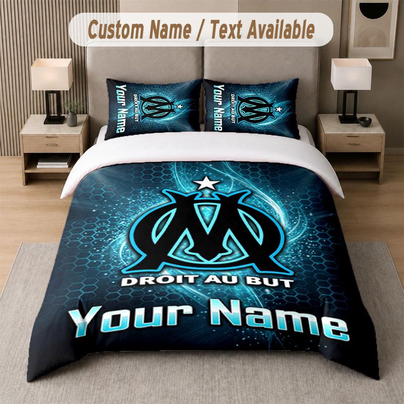 Custom Bedding Set Olympique Marseille FC Pattern, Print Name Text 1 Duvet Cover plus 2 Pillowcases Home Textile