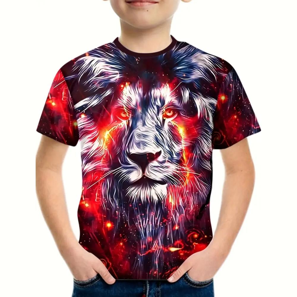 Boys Kids Clothes Print Fierce Lion Graphic T Shirts Summer Outdoor Crew Neck Short Sleeves Casual Outdoor Clothes for Children
