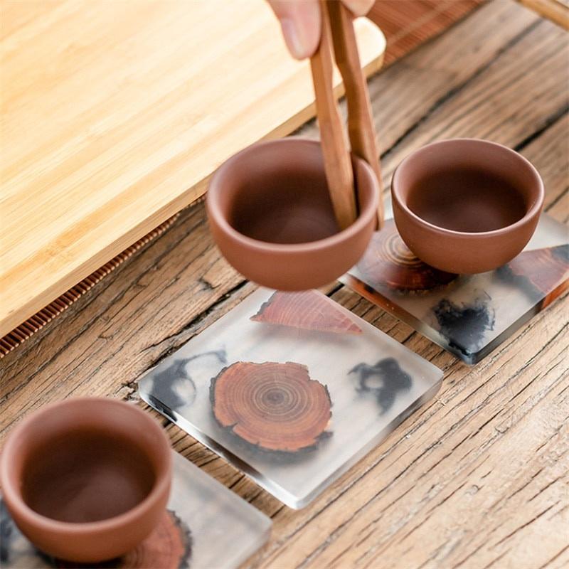 6PCS/SET Creative Resin Pine Coasters Heat-resistant Placemats Drink Mat Tea Coffee Cup Pad Waterproof Non-slip Table Decor Tableware Pad
