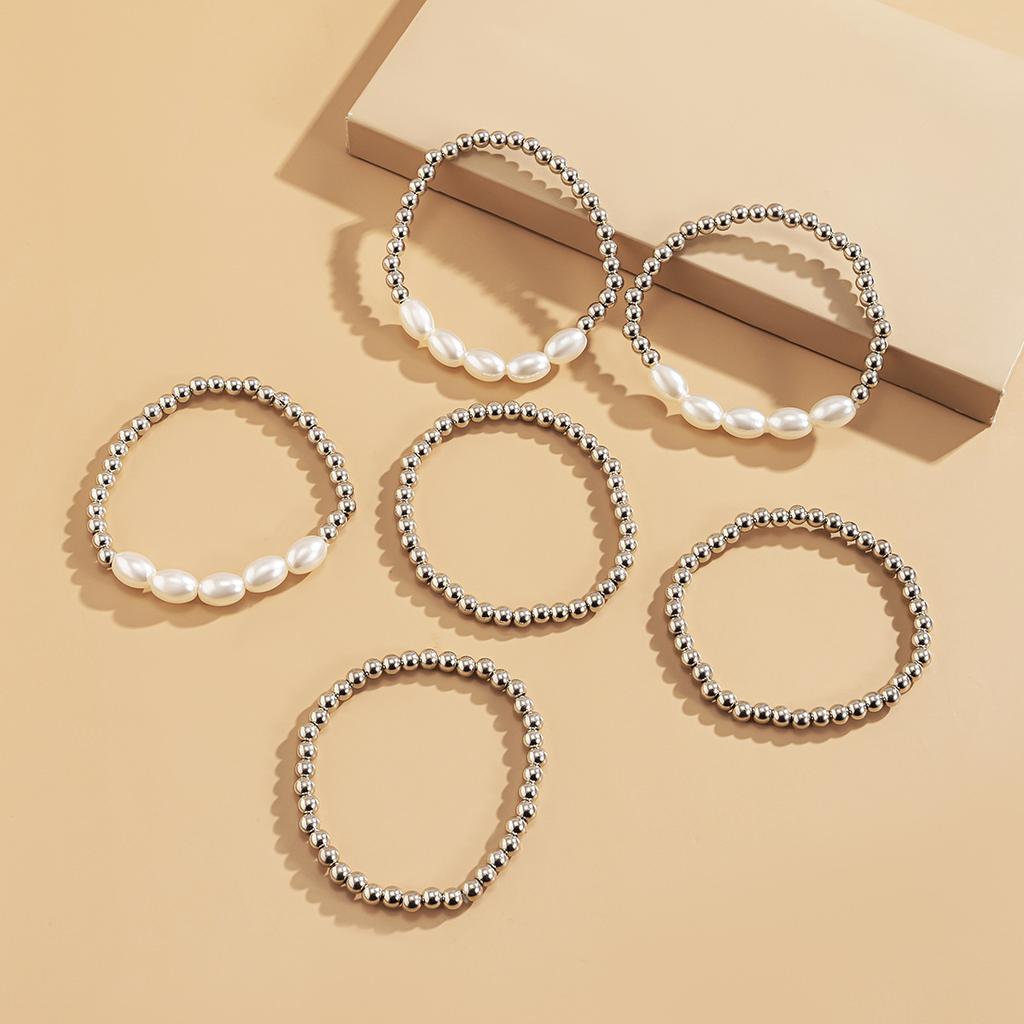 Простой браслет-сет из искусственного жемчуга, геометрический браслет из металла с круглыми бусинами, соединенными холодным ветром