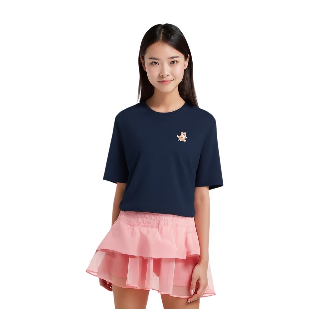 Maison Kitsune Ribbed Knit Crew Neck Embroidered Short Sleeve T-Shirt Women Tops Dark-Blue MW00119KJ0008-P476
