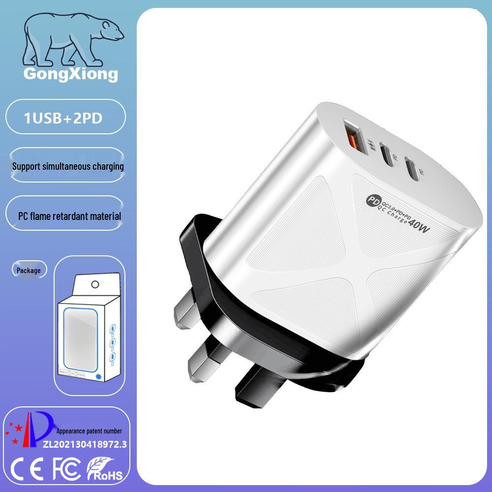 Universal Charger with 1 USB & 2 USB-C Ports for AU, EU, US, and UK Power Adapters.