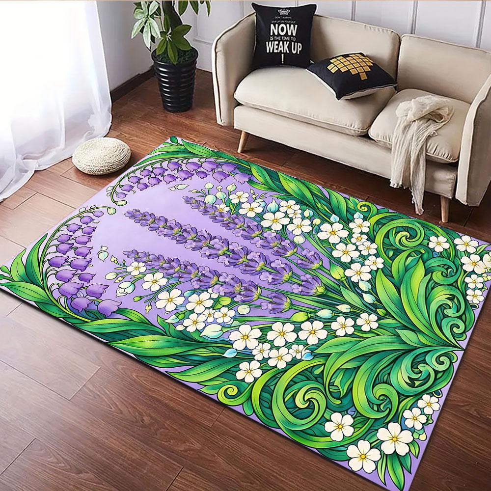 Purple Lavender and White Blossoms Pattern Patterned carpet, suitable as a non slip play mat for the living room and bedroom sofa