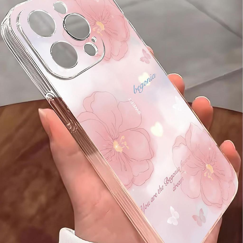 Прозрачный противоударный чехол с розовым цветочным принтом для iPhone 14/15/16/17 Pro Max