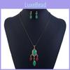 Alloy Pendant Vintage Necklace Earrings Set With Green And Black Resin Gift For