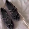 French Style Suede Bow Shoes Retro Double Button Flat Bottomed Shallow Mouth Ballet Single Shoes for Women