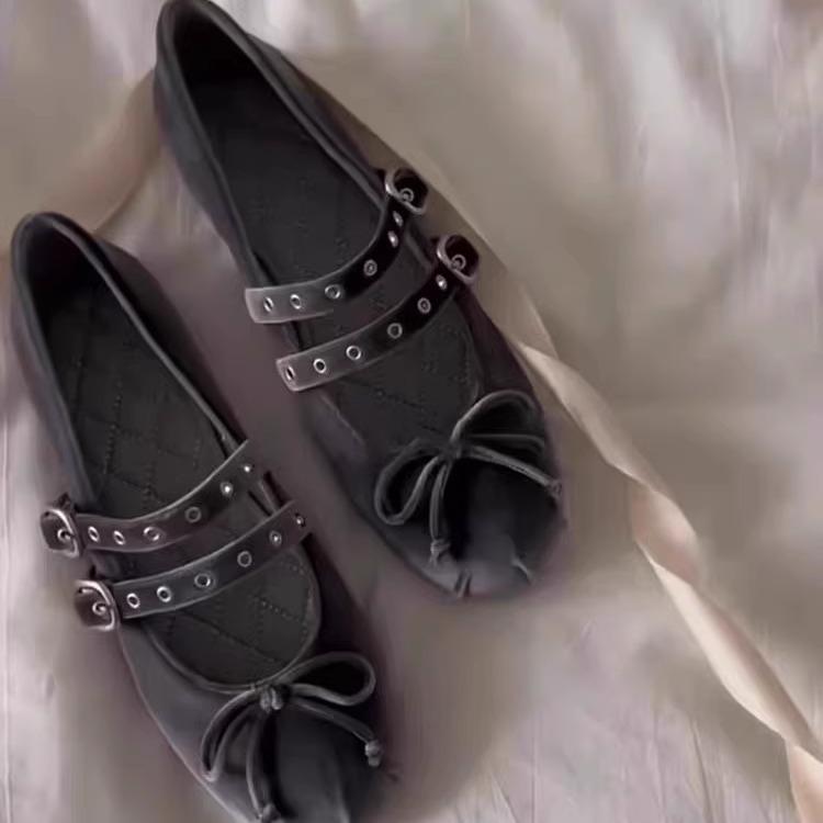 French Style Suede Bow Shoes Retro Double Button Flat Bottomed Shallow Mouth Ballet Single Shoes for Women