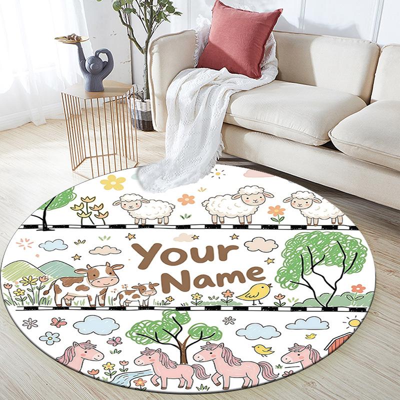 Custom Name Cartoon Car Farm Sea Creature Round Area Rug,Carpet Rug for Living Room Bedroom Sofa Playroom Decor,Non-slip Floor Mat