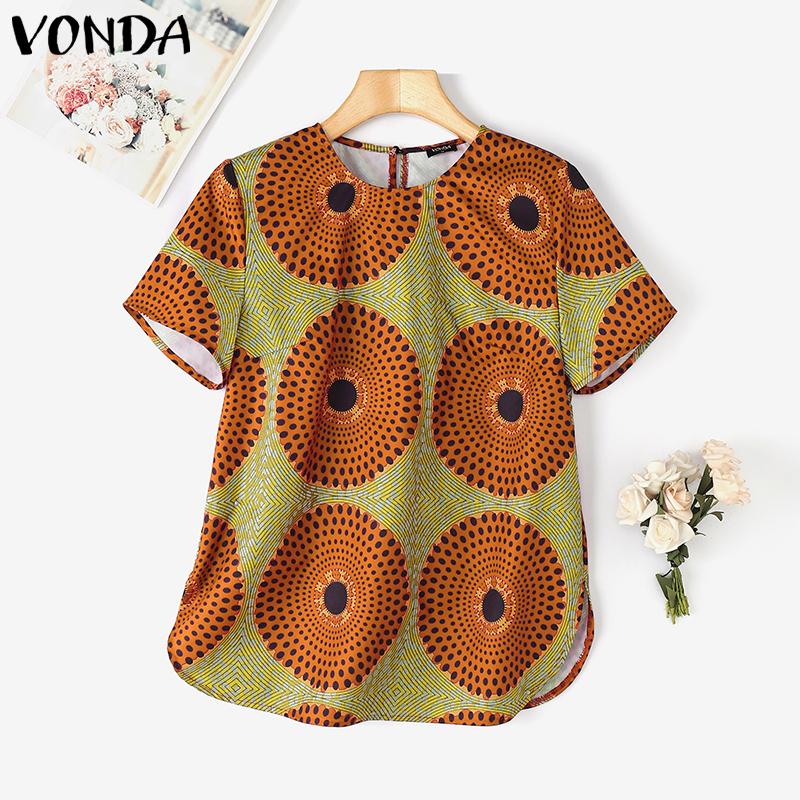 VONDA Summer Women Short Sleeve Print Casual Loose T-shirts Tops