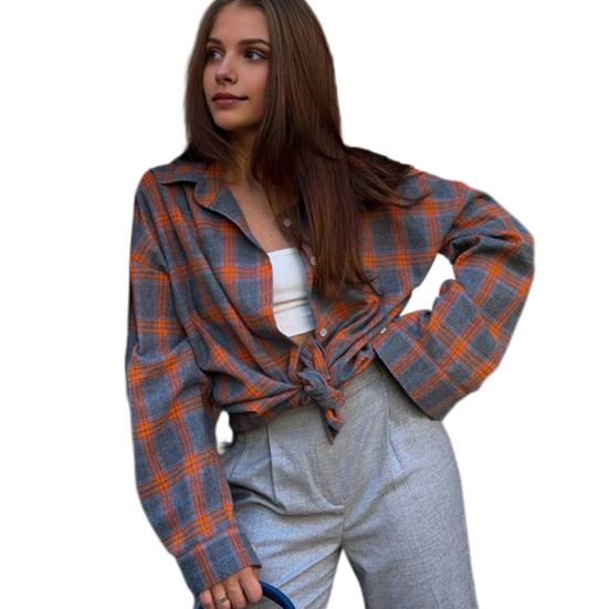 Женская осенняя рубашка с лацканами, однобортная рубашка с длинным рукавом, топы, клетчатый принт, свободная рубашка с накладным карманом, уличная одежда