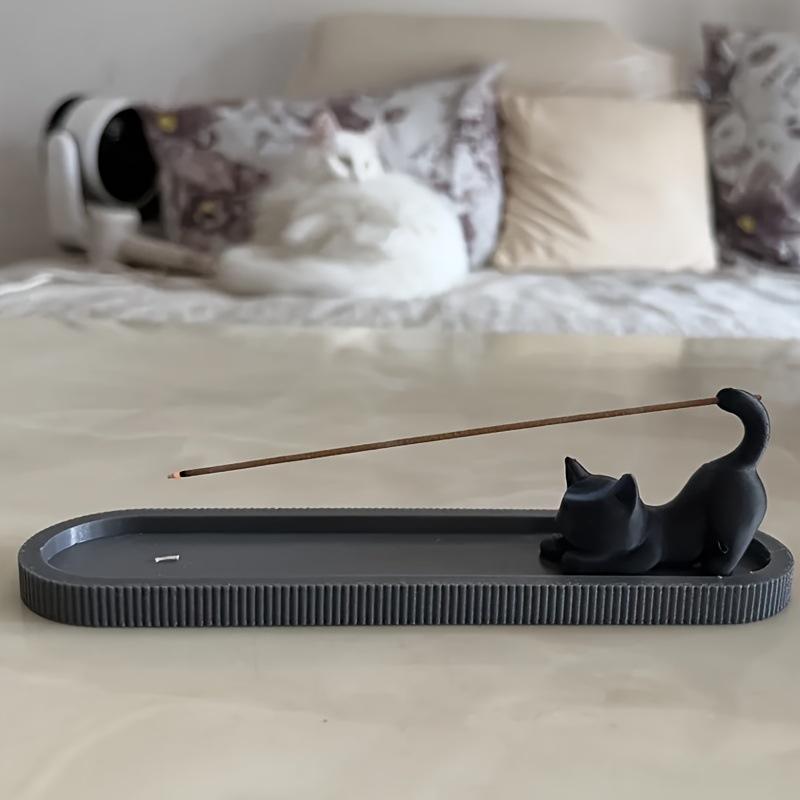Zen Style Black Cat Incense Stick Holder 3D Printed Plastic Incense Burner with Ash Catcher Funny Mobile Cat