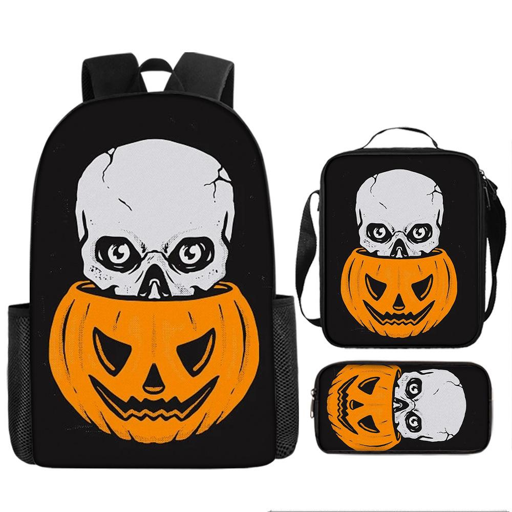 Halloween Backpack Pumpkin Ghost 3-Piece Set Schoolbag Kids Shoulder Bag Cute Bookbag for Boys Girls