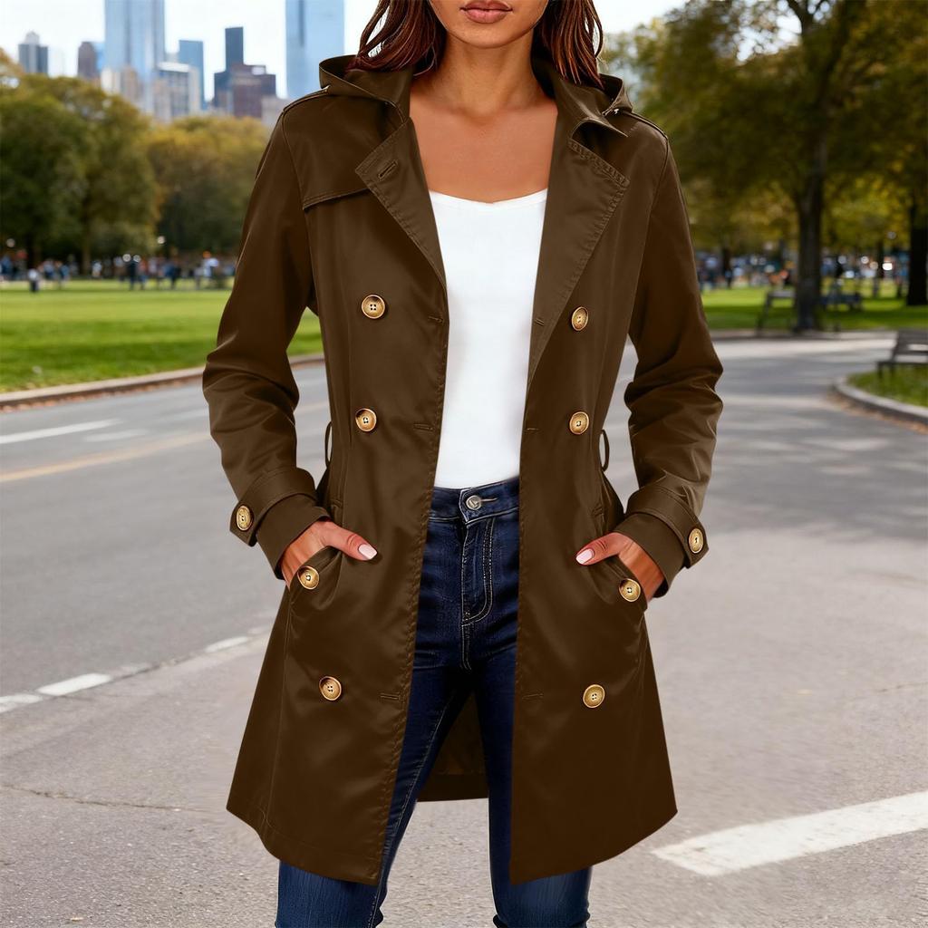 Women's Fashion Solid Color Collar Long Sleeve Double Breasted Windbreaker With Belt Coat
