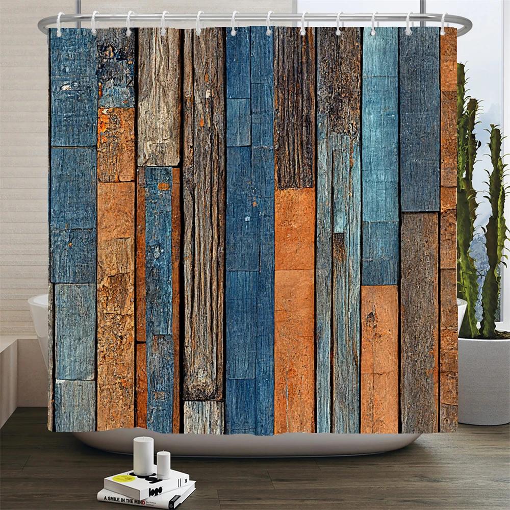 Деревенская шторка для душа Винтажные вертикальные деревянные доски Потертый деревенский дизайн из твердых пород дерева Тканевая шторка для ванной комнаты с крючками