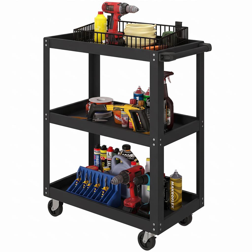 Workshop Trolley with 3 Shelves and Side Holder, 4 Castors, 70.5 x 35 x 82.5 cm, Black