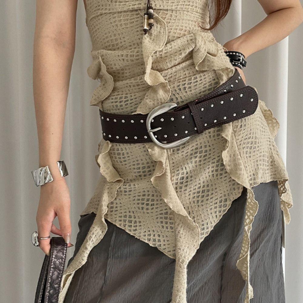 Y2k Women Rivet Belt Vintage Punk Style Belt Fashion Wide Leather Waistband  Pants Accessories