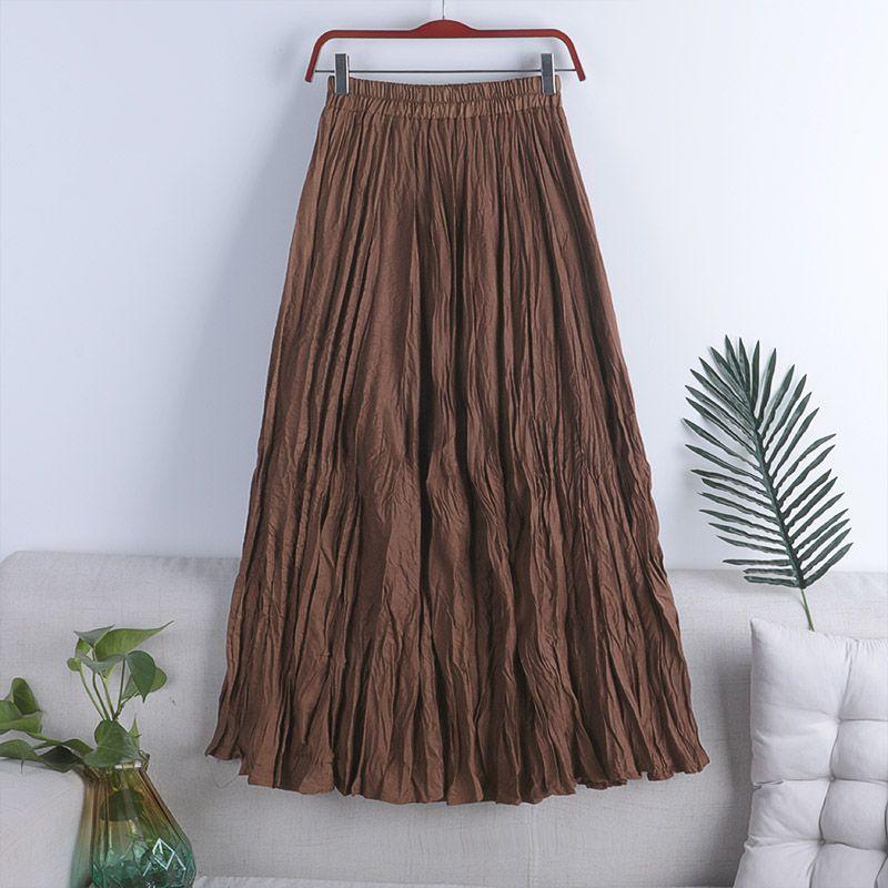 MOJTA Women's Mid-length Skirt Spring Summer Elastic High Pleated Waist Skirt A-line Skirt