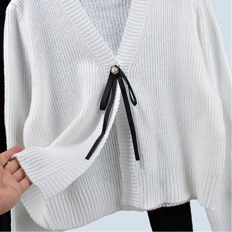 Fall V-neck Knitted Sweater Single Button Cardigan Outwear Pure Color Loose Short Long Sleeve Women's Clothing