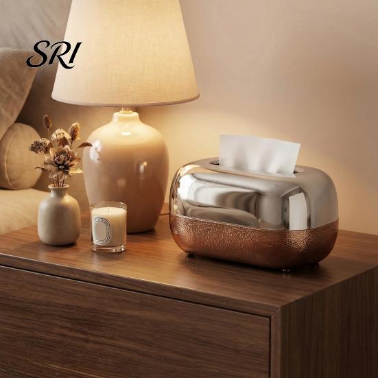 Modern Tissue Dispenser Box with Large Opening Mirror Surface Holder Anti-Slip Brown Gradient Bottom Container for Living Room Coffee Table High Gloss