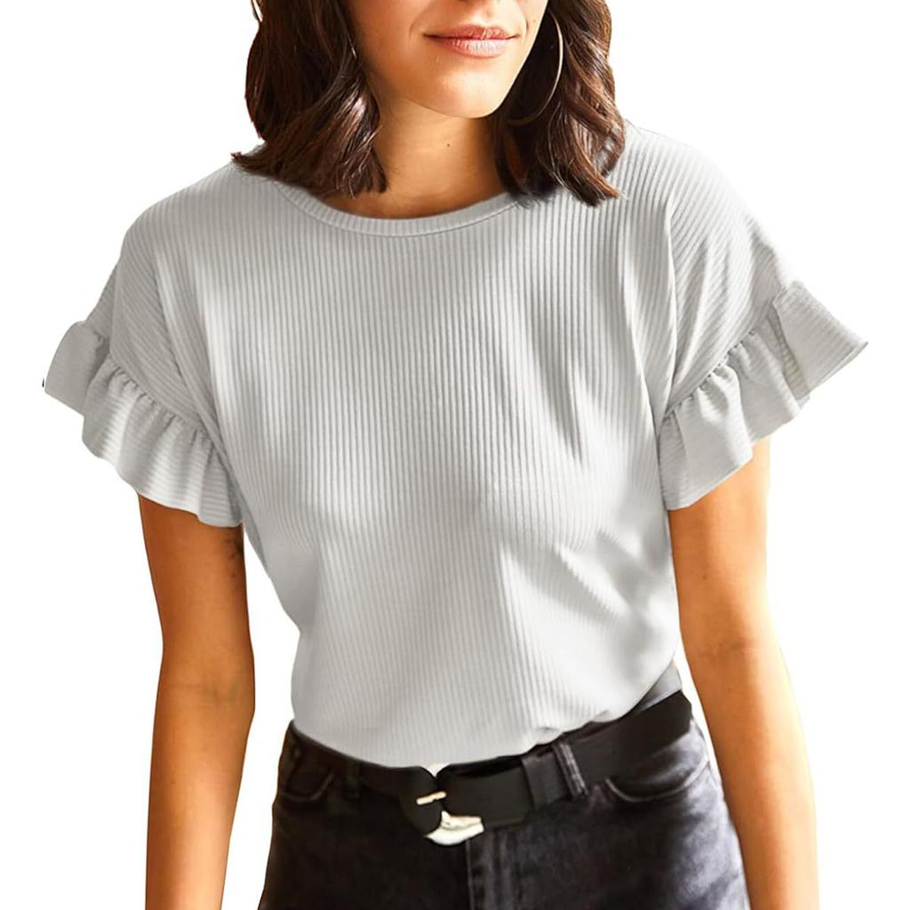 Женская футболка с коротким рукавом, повседневные базовые футболки, летние однотонные вязаные футболки свободного покроя с рюшами и круглым вырезом, блузки