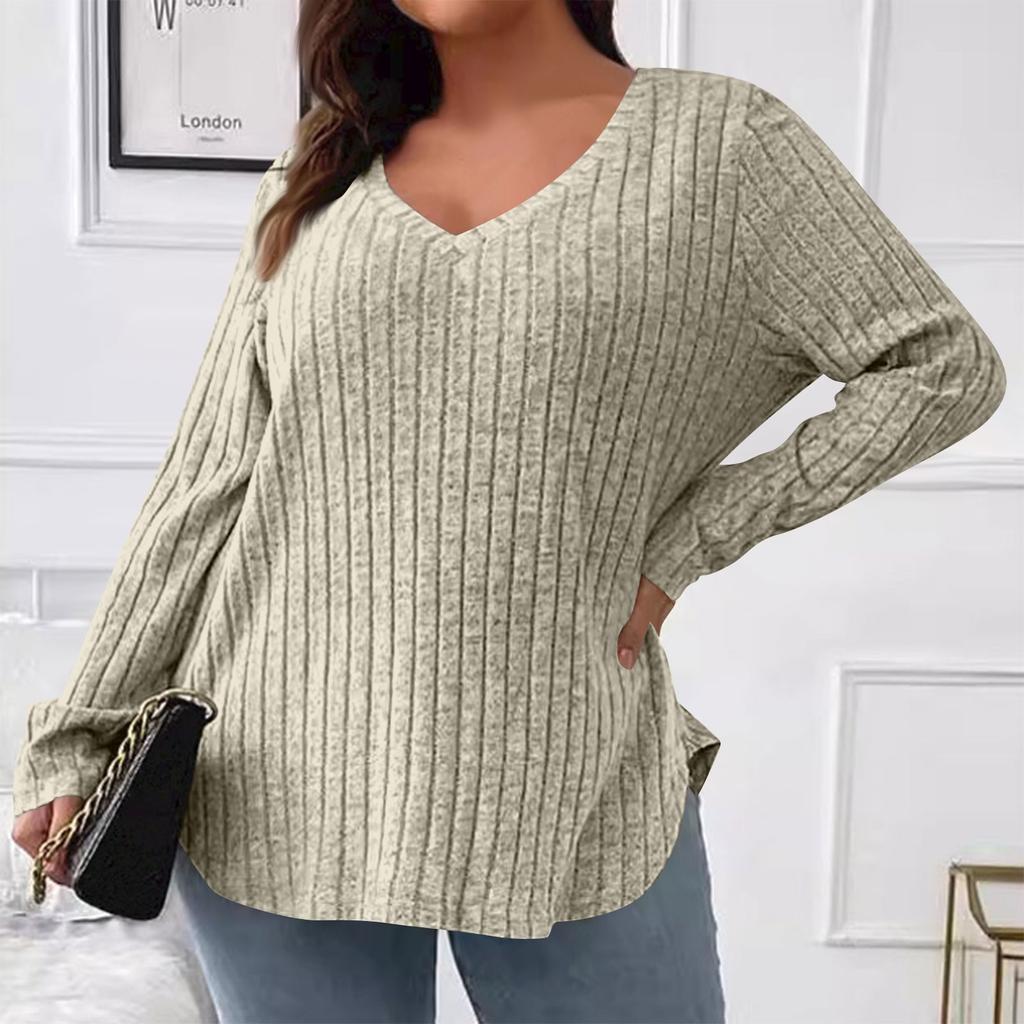 Женские и зимние однотонные женские топы больших размеров с V-образным вырезом и длинными рукавами в полоску, свободный пуловер, футболка