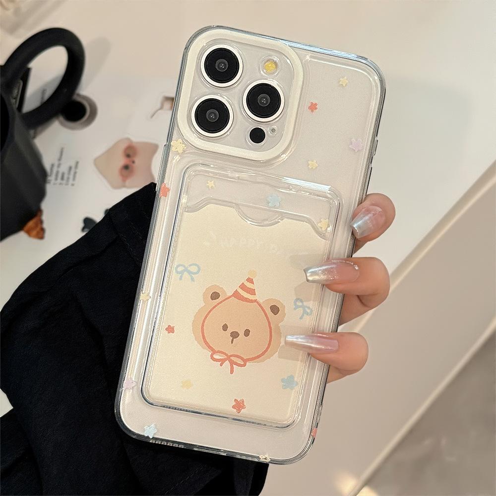 Cute Bear Stand Card Holder for IPhone17 for Apple 15promax Phone Case Cute 11 Full Cover 16 Transparent