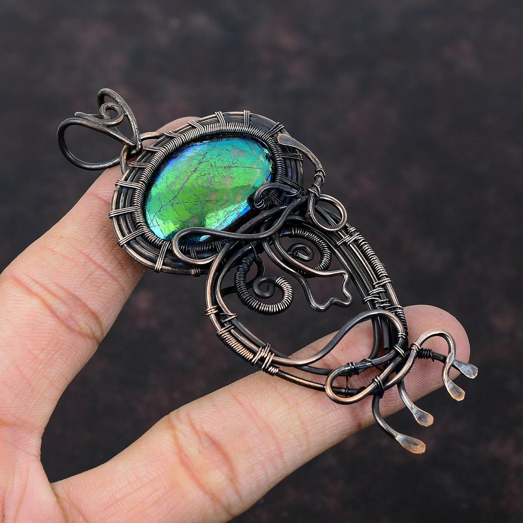 Mystic Fire Labradorite Pendant Copper Wire Wrapped Pendant Handmade Pendant Wire Wrapped Jewelry Gemstone Pendant For Gift Copper Jewelry
