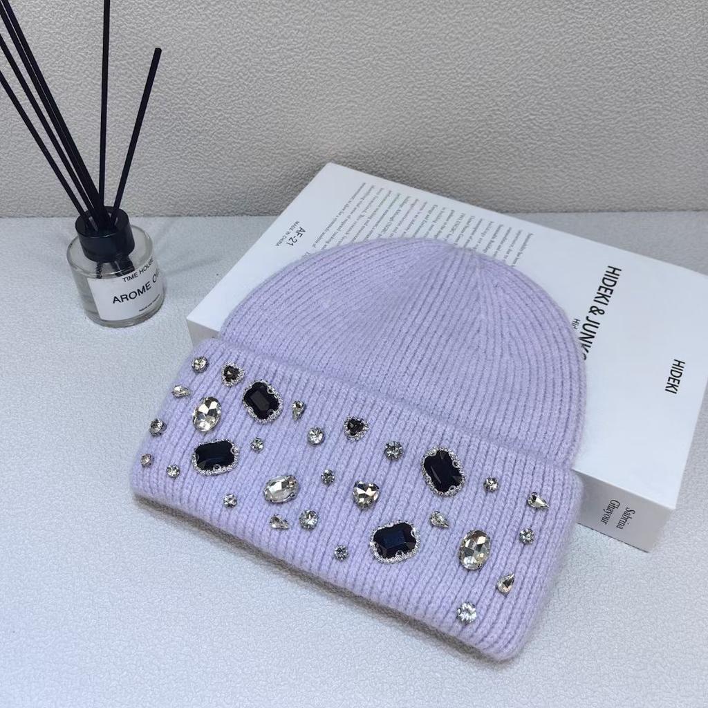 Шерстяная шапка с горным хрусталем в виде кролика для женщин на осень и зиму, белая вязаная шапка для маленького лица, шерстяная шапка для Северо-Востока, теплая шапка