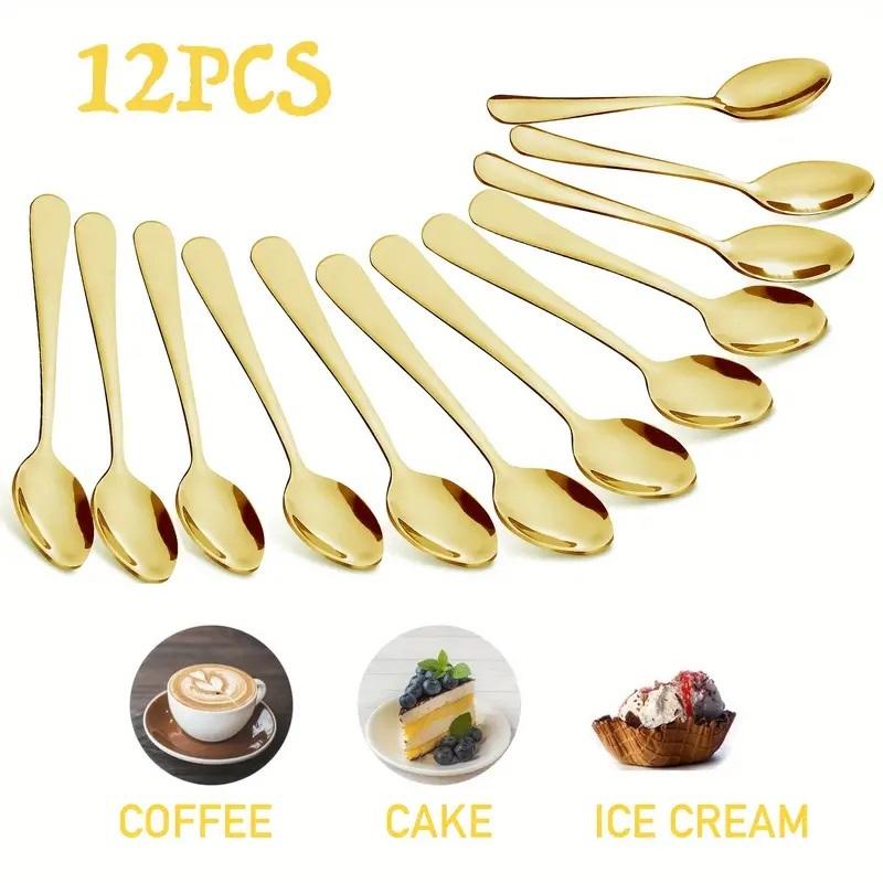 12pcs gold stainless steel coffee spoon, dessert spoon, tea spoon, machine washable, suitable for kitchen, restaurant