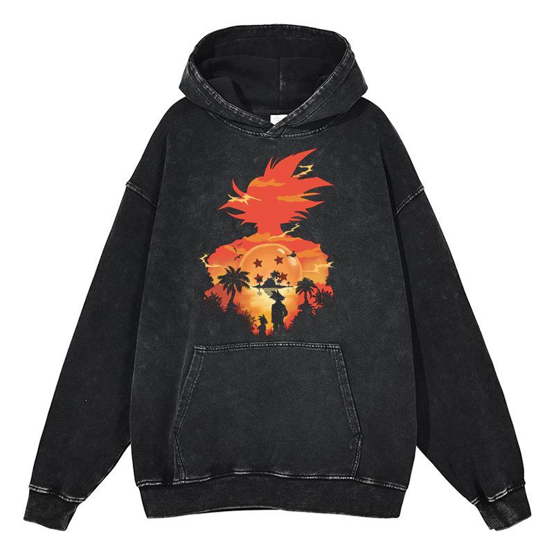 Худи с принтом Goku из серии Dragon Ball, плотное, 440 г, для осени, свободный крой, дизайн с эффектом выцветания, старая школа японской аниме стилистики
