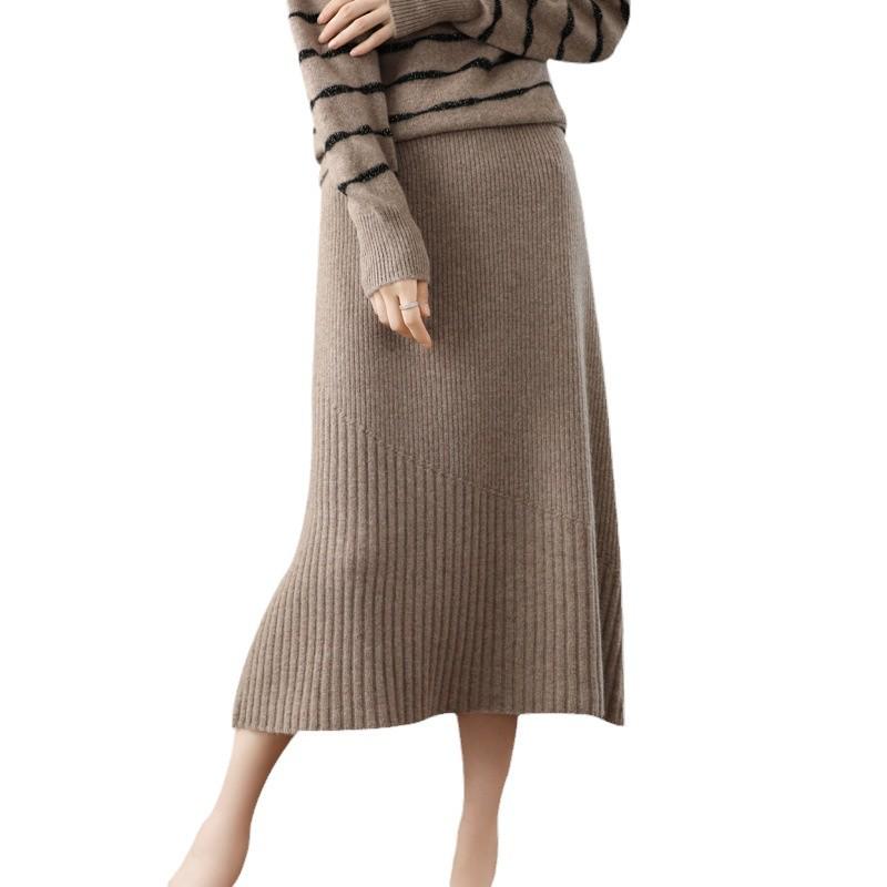 Женская юбка средней длины в полоску из 100% чистой шерсти: Универсальный, утягивающий, с высокой талией, облегающий бедра, длиной до колена, кашемировый трикотаж.