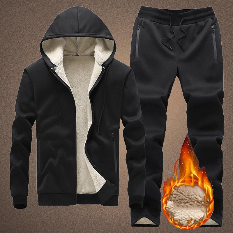 Men's Sets Winter Thick Hooded Tracksuit Men Solid Warm Casual Jacket + Sweatpants 2 Pieces Set Streetwear Sweatsuit Male