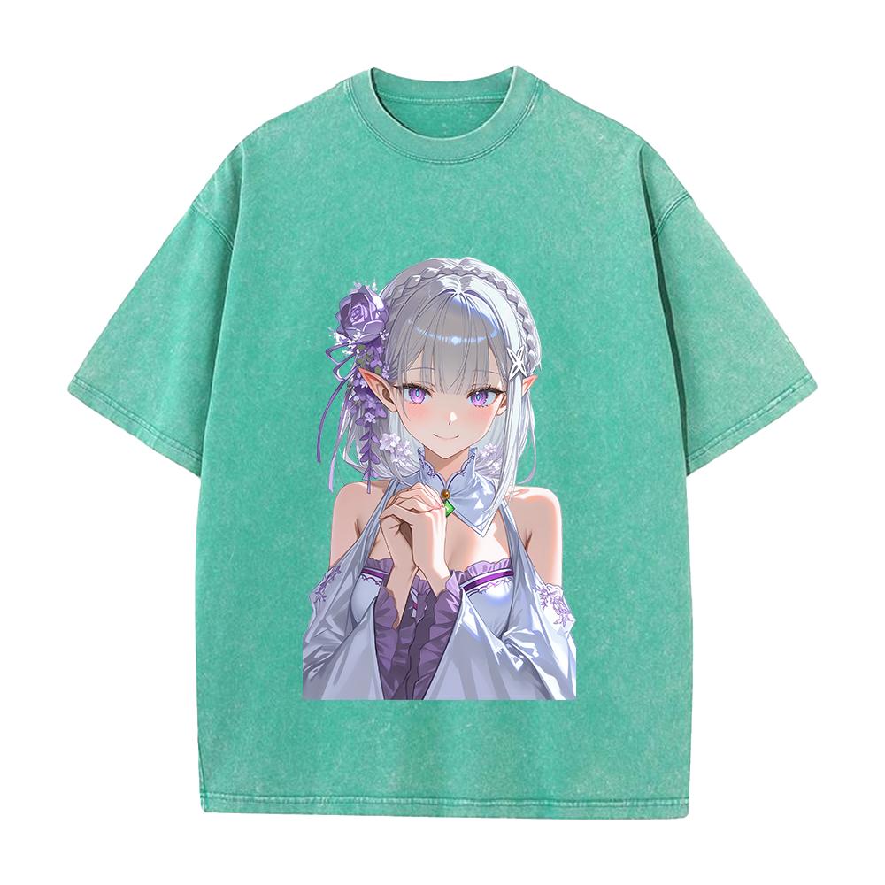 Re ZERO Начинаем жизнь с нуля в другом мире Эмилия Печатная Футболка Мужская Женская Стиранные Хлопковые Футболки Ретро Футболка Харадзюку Унисекс Футболка