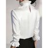 Women ruffled stand collar satin three quarter sleeve shirt multi color slim fit rhinestone pearl brooch office elegant blouse