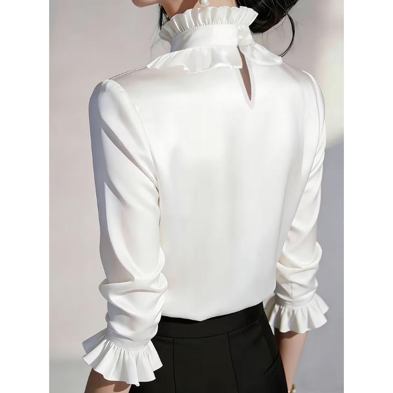 Women ruffled stand collar satin three quarter sleeve shirt multi color slim fit rhinestone pearl brooch office elegant blouse