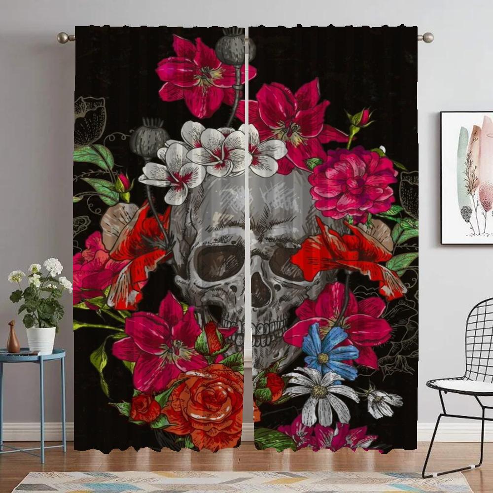 Mexico Flower Skull Blackout Curtains for Living Room Window Curtain for Room 2 Panel Partition Home Interior Curtains Shades