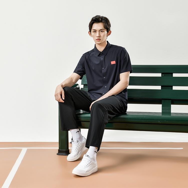 Li-Ning Однотонная дышащая легкая быстросохнущая рубашка с коротким рукавом на пуговицах мужские рубашки темно-синего цвета ASHT469-1