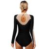 Womens Dance Leotard Glittery Rhinestones Keyhole Back Sheer Mesh Patchwork Long Sleeve Gymnastics Bodysuit