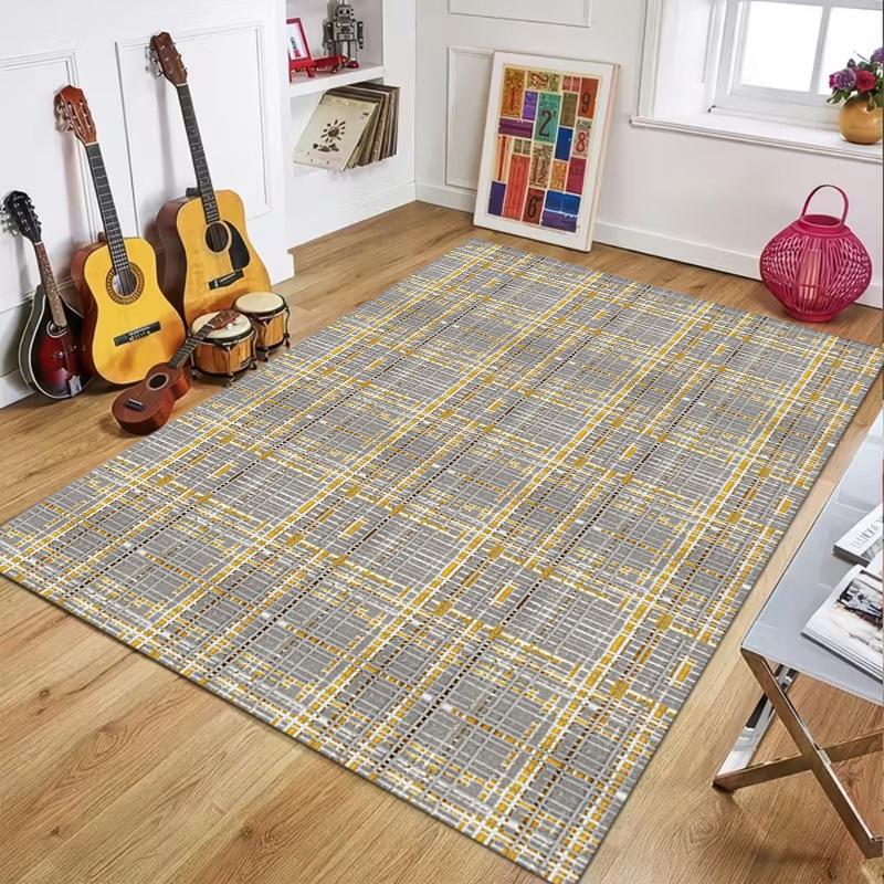 Geometric Grid Pattern Area Rug, Grey and Yellow Modern Floor Mat for Living Room Bedroom, Contemporary Home Decor Carpet