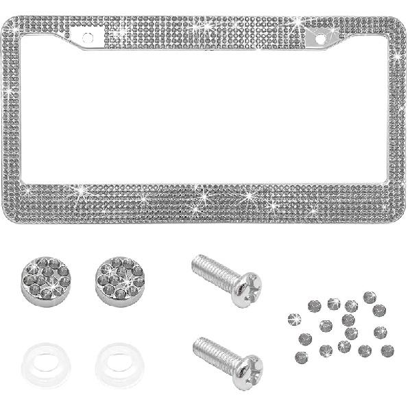 Bling Car License Plate Frame, Handcrafted Rhinestone License Plate Frame With Glitter Screw Caps, Sparkly Bedazzled Diamond Stainless Steel License