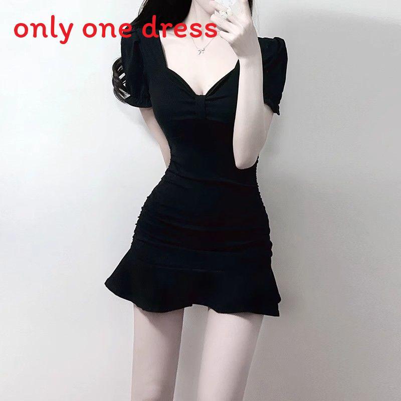 Black Knit Fabric Short Sleeve Mermaid Skirt With Ruffles For Summer Casual Wear